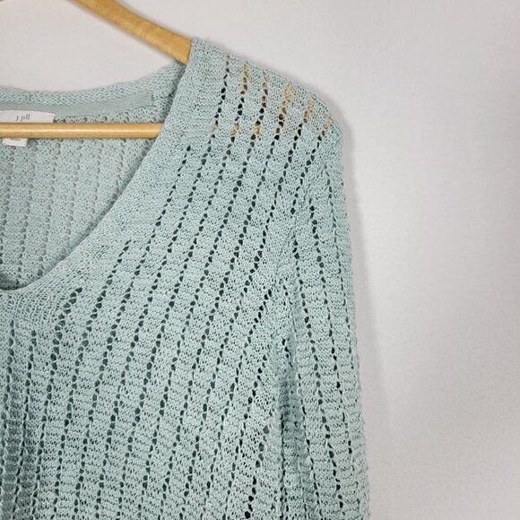 J. Jill Women's Textured Blue 3/4 Sleeve Open-Stitch V Neck Sweater Sz L Petite - Picture 3 of 14